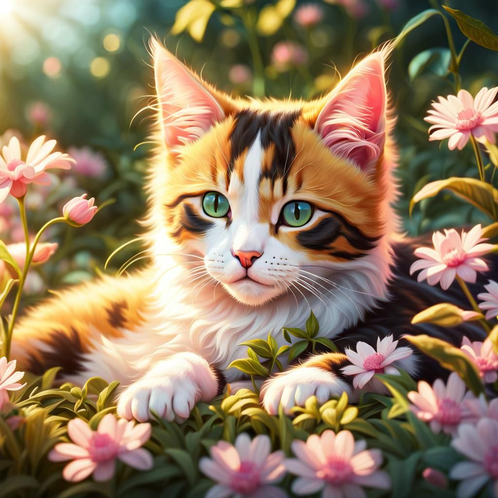 Adorable Calico Kitten Lounging in Sunlight: 8K Artstation