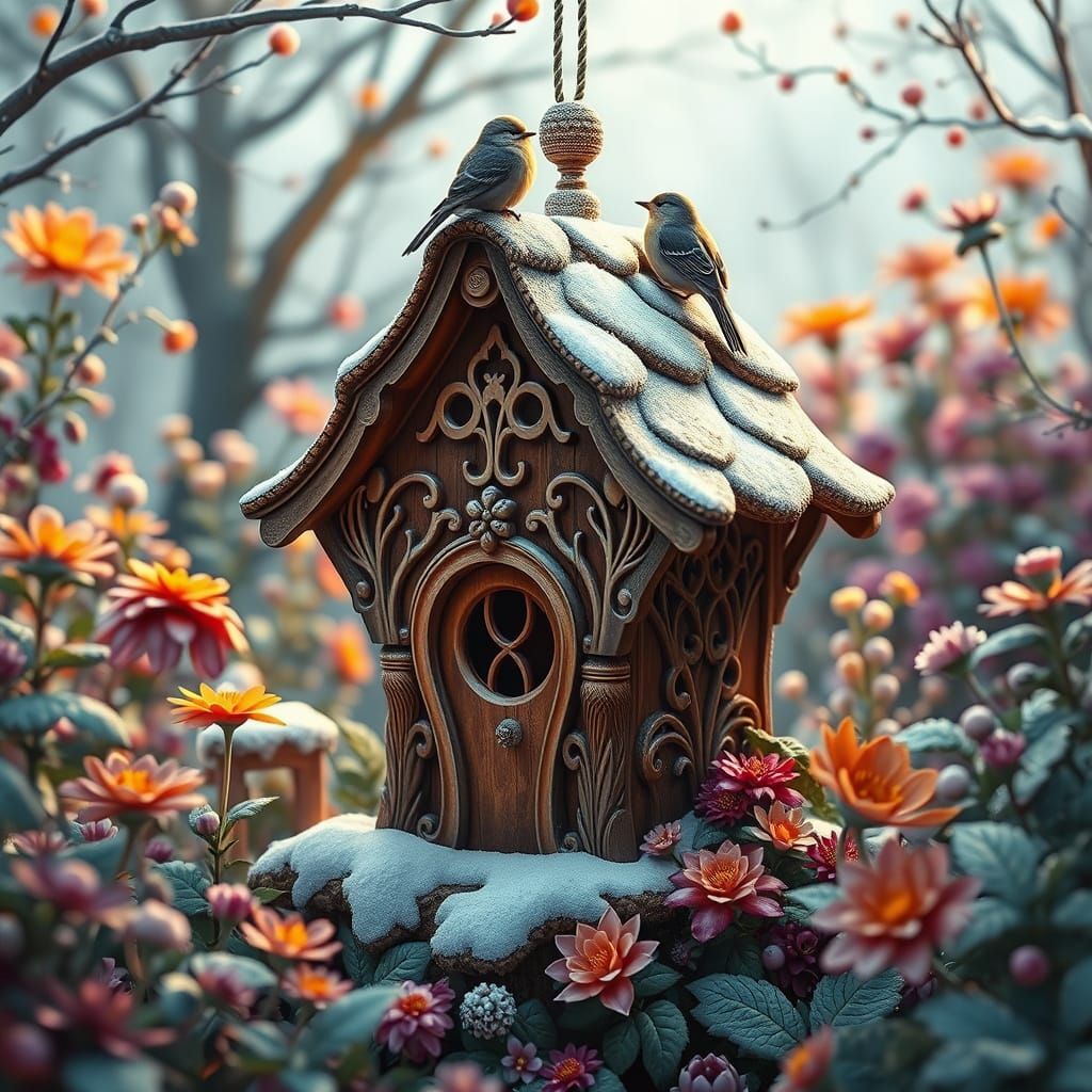 Whimsical Winter Birdhouse in Vibrant Garden