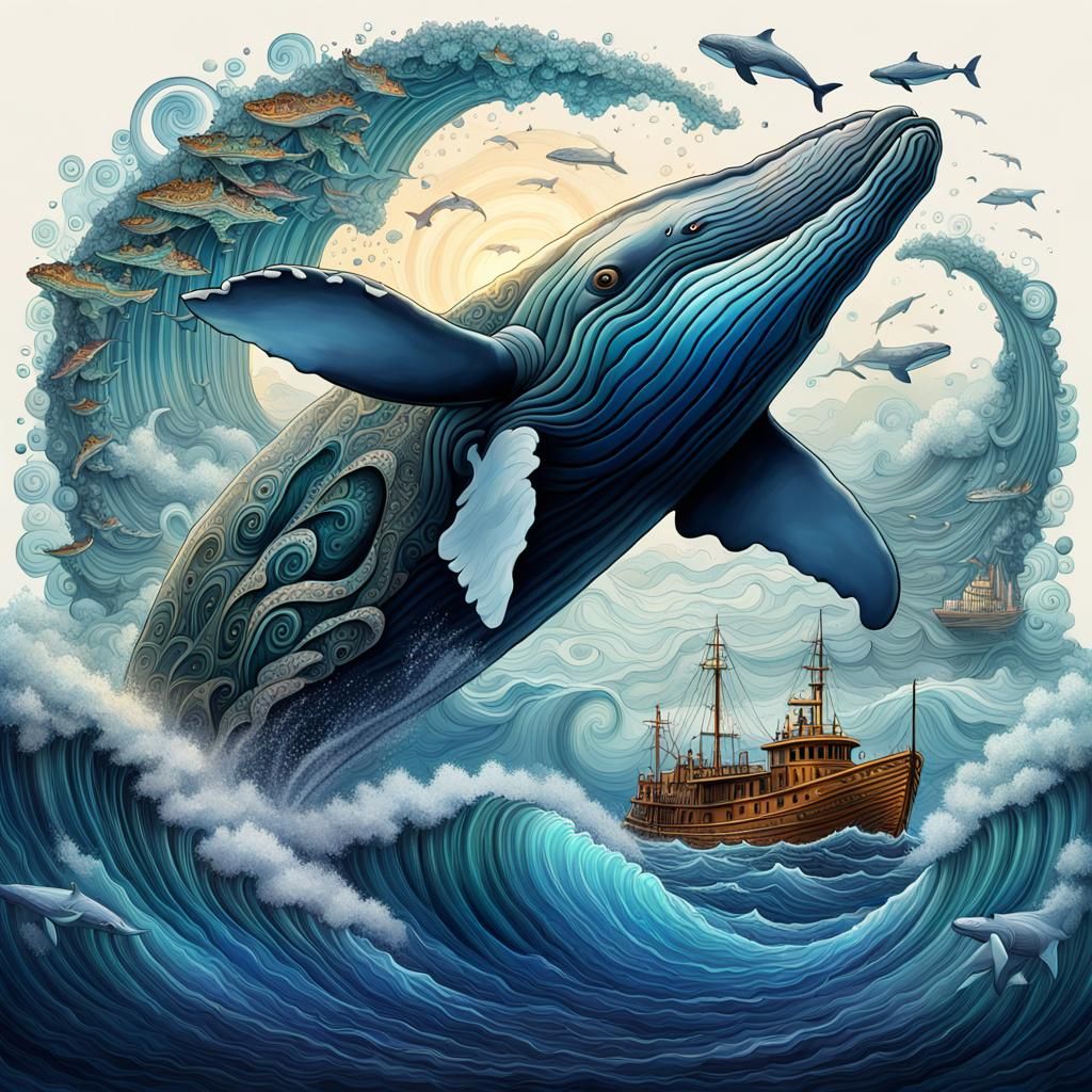 Whale and Boat Ocean Cross Section in Mixed Media