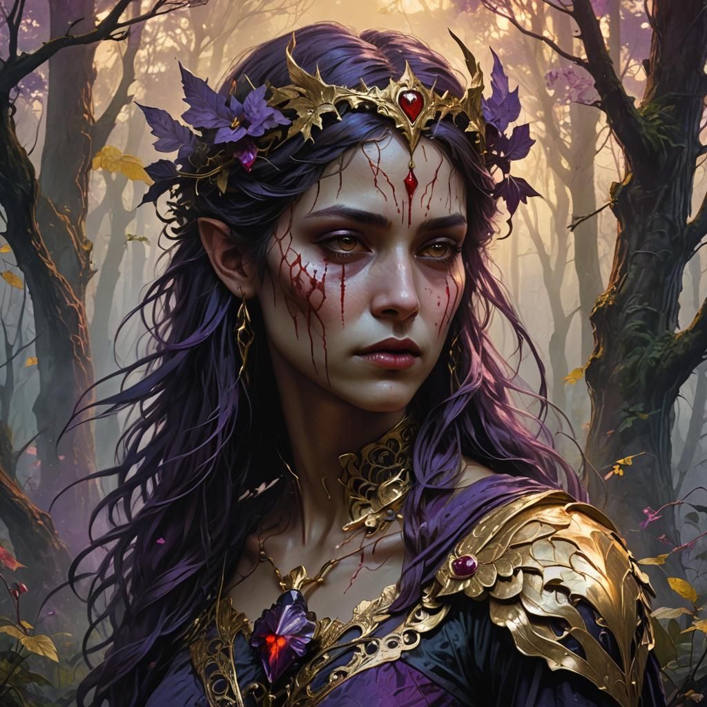 Bleeding Heart Woman in Misty Forest: Dark Fantasy Art