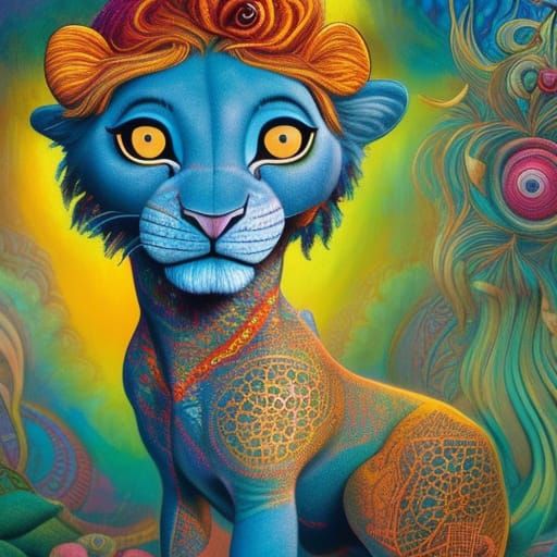 Psychedelic Lioness Nala in Yarn Art Style