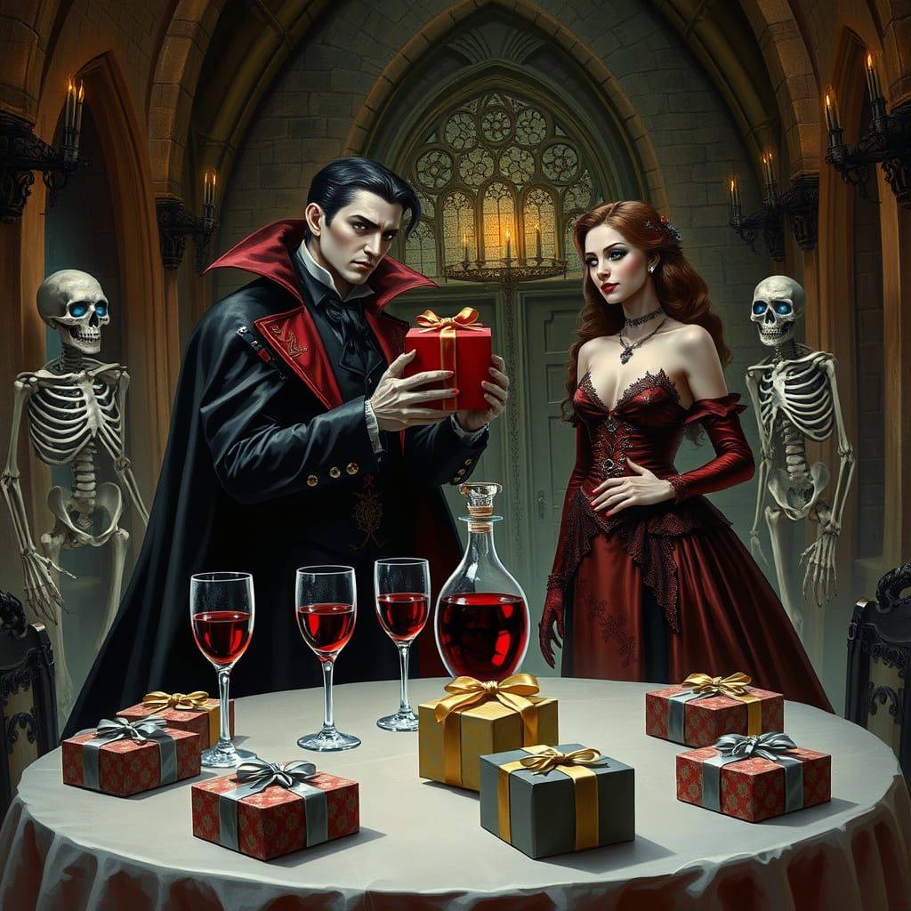 Gothic Vampire Couple Exchange Gifts in Castle Hall