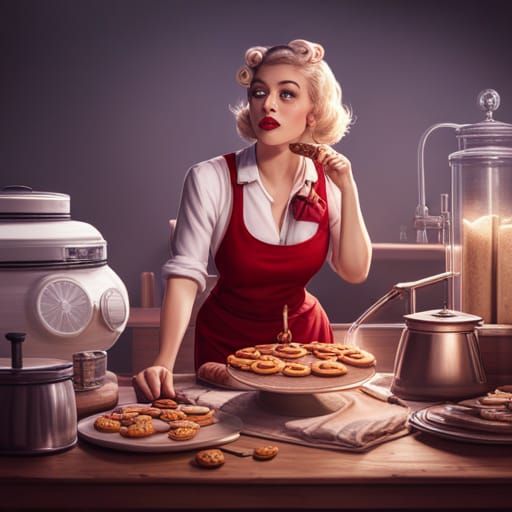 Pinup Woman Baking Cookies in Detailed Matte Painting