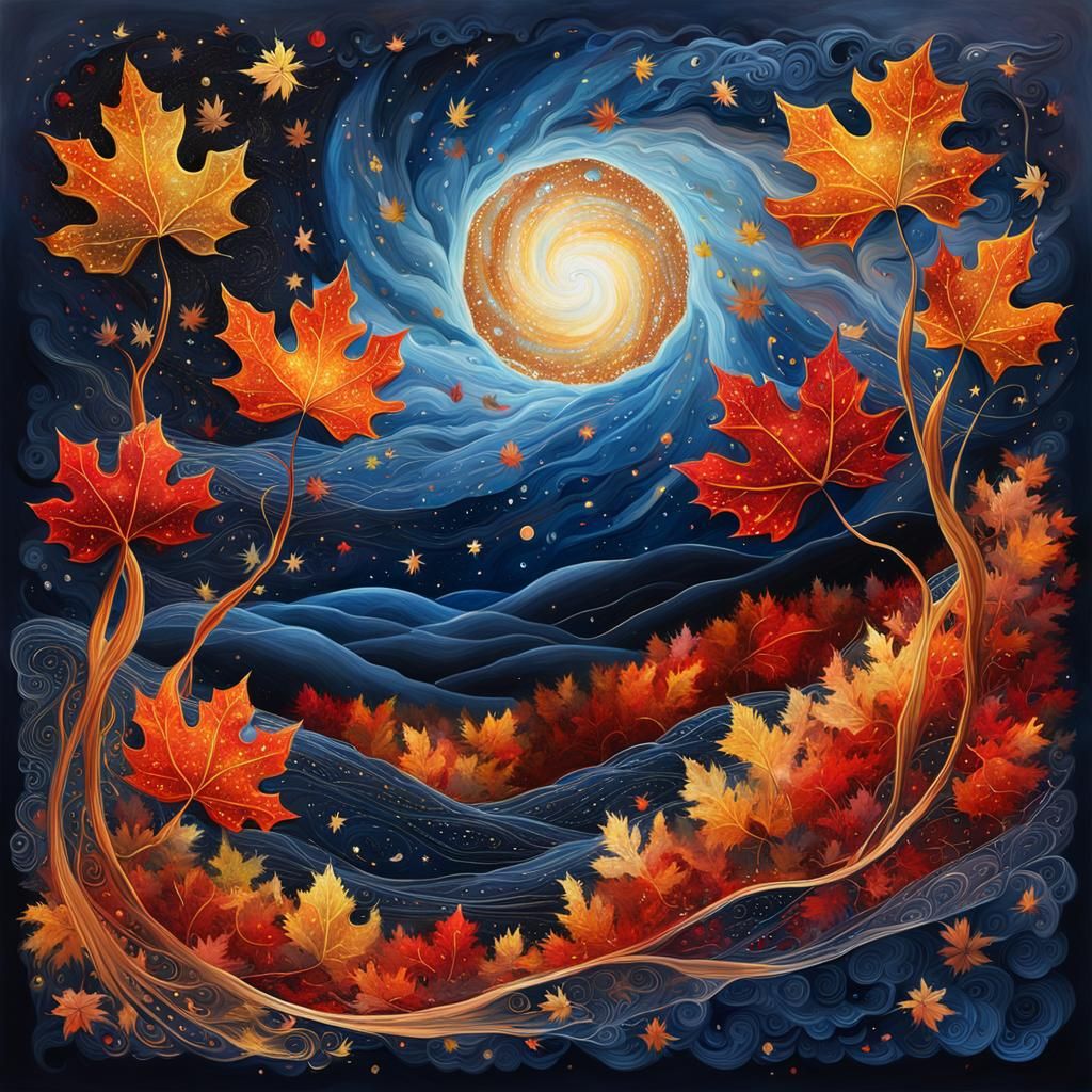 Sweeping Autumnal Starry Night in Hyperrealist Style