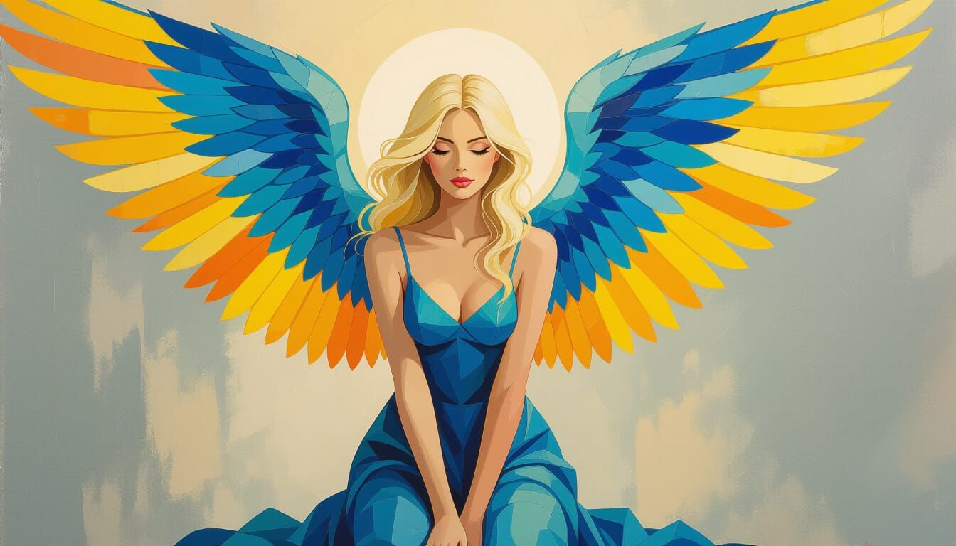 Angelic Figure in Vibrant Blue and Yellow Impasto Style