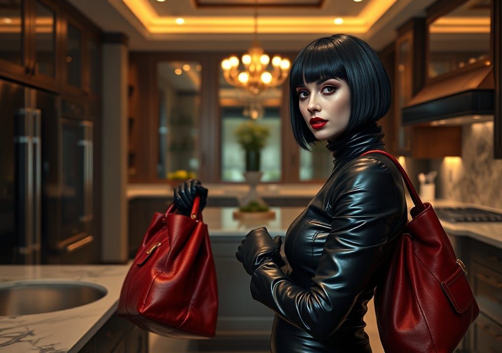 Femme Fatale in High-Shine Leather Outfit