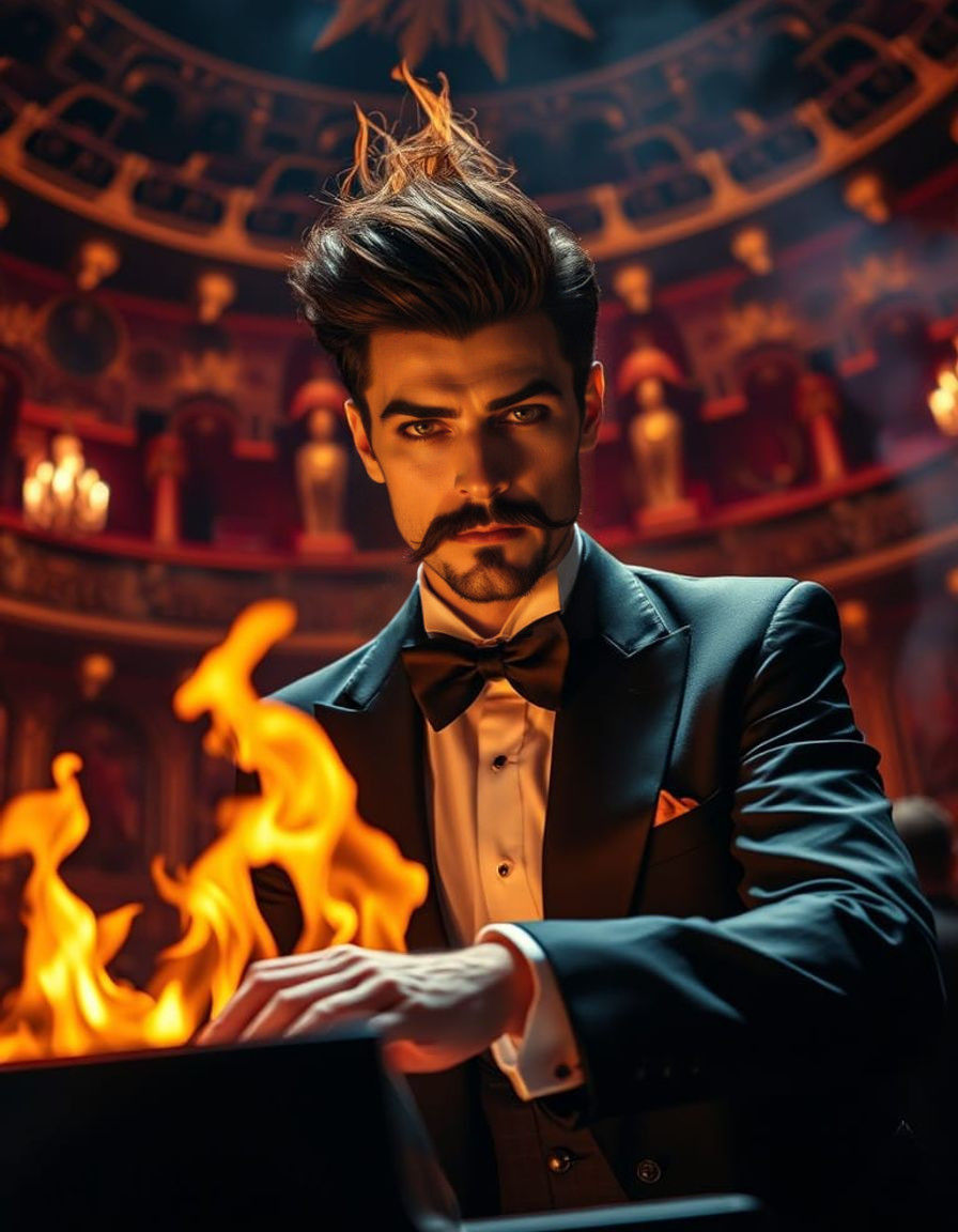 Steampunk Hunk Plays Piano Amidst Flames in Vintage Opera Th...