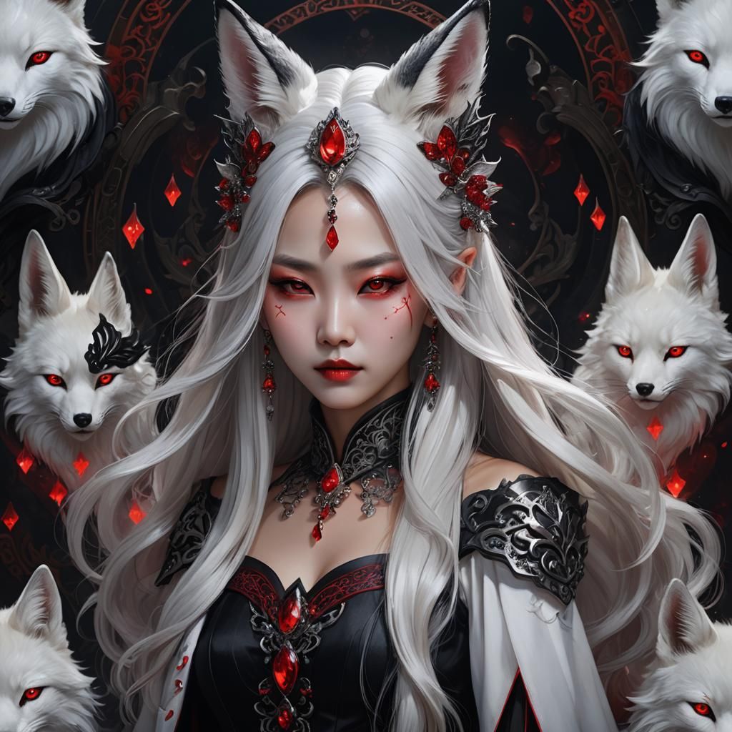Korean Vampire Queen with Fox Ears in Dark Fantasy Style