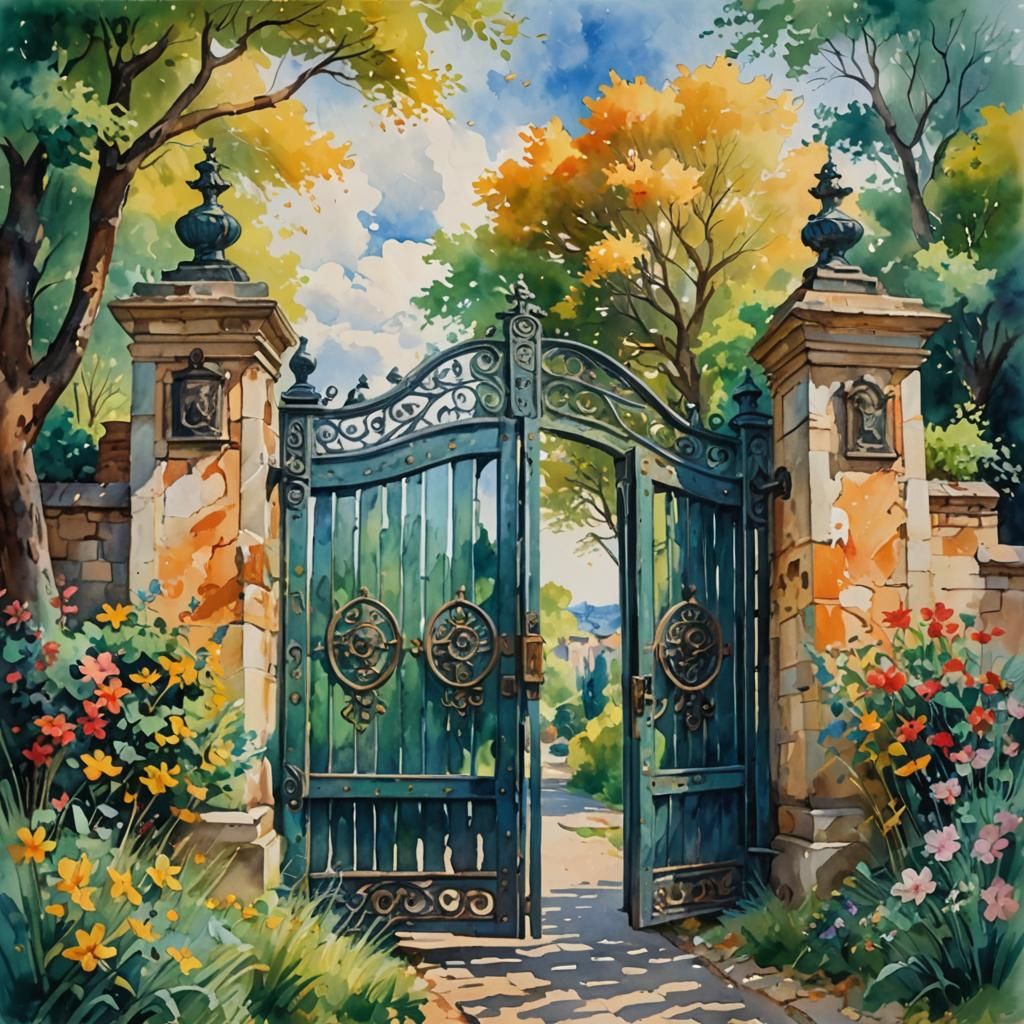 Ornate Gate in Gouache Style Impressionist Painting