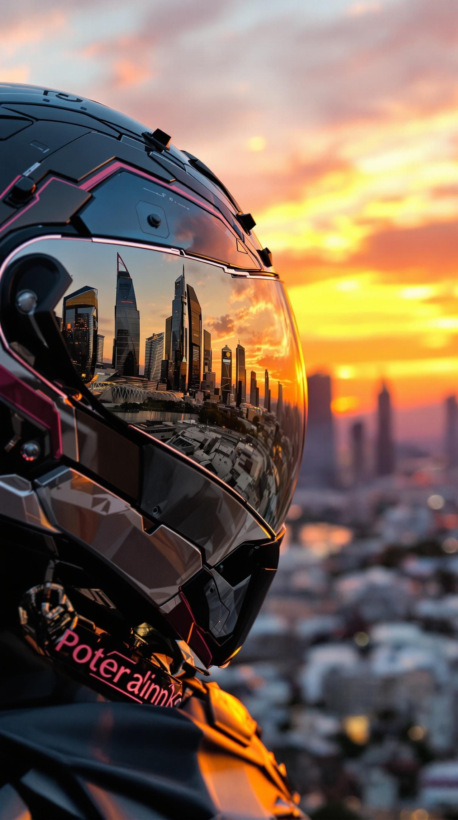 Cyberpunk Motorcycle Helmet Reflects Sunset and Skyscrapers