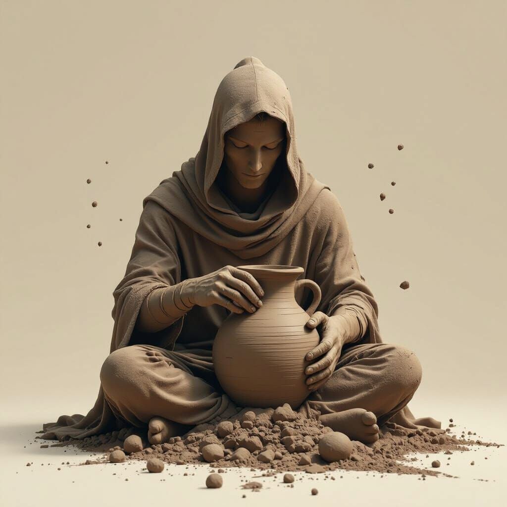 Divine Figure Shapes Flowing Clay Letters, Symbolizing Trans...