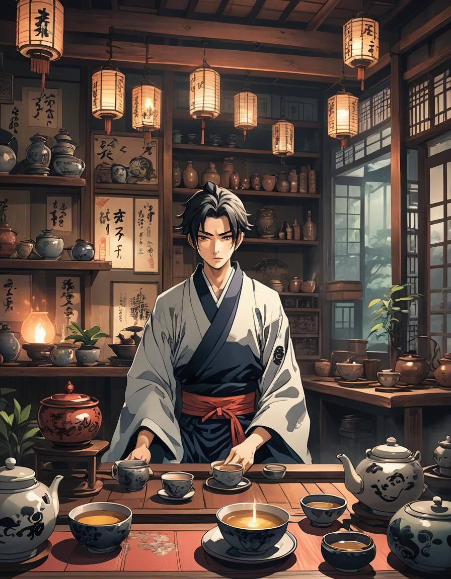Anime Man in Spooky Zen Tea House