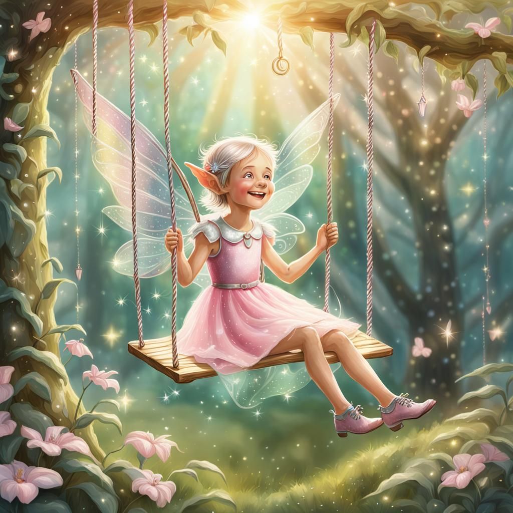 Whimsical Elf on Swing in Pastel Fantasy Illustration