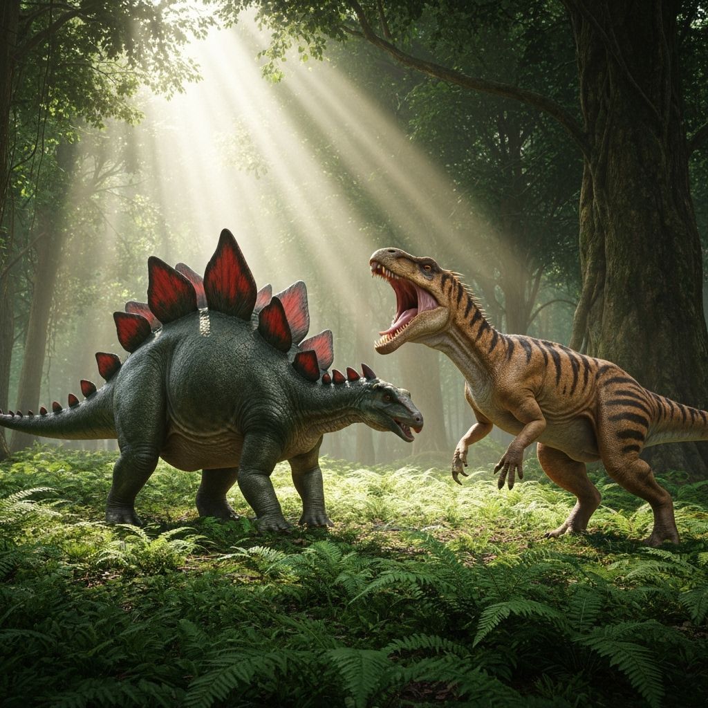 Stegosaurus vs Allosaurus In Lush Jurassic Forest