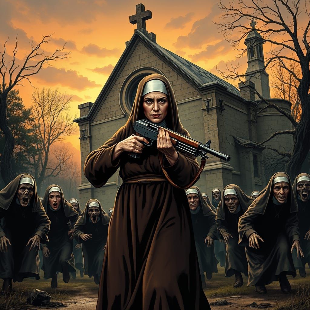 Nuns Under Siege by Undead Horde in Creepy Cemetery
