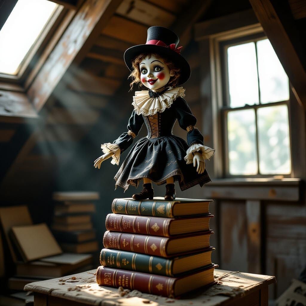 Victorian Marionette on Antique Books in Dusty Attic