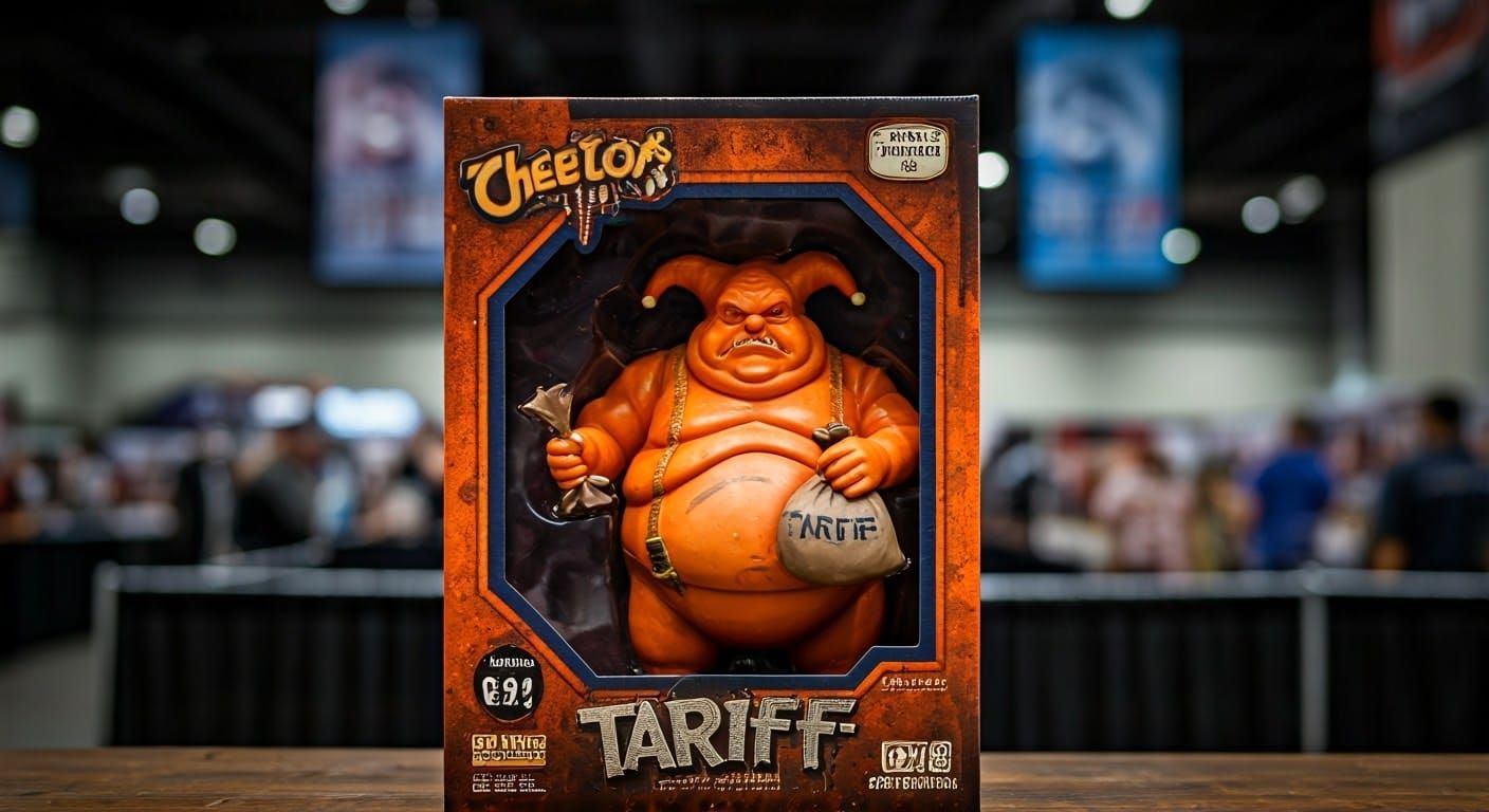 boxed dystopian Action figure of a cantankerous plastic cheeto-orange obese jester, holding a bag of "Tariffs"