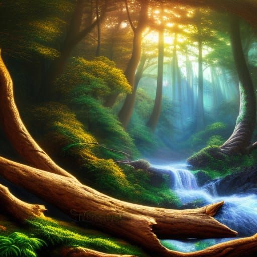 Sunlit Stream with Driftwood Bridge in Hyperdetailed Fantasy