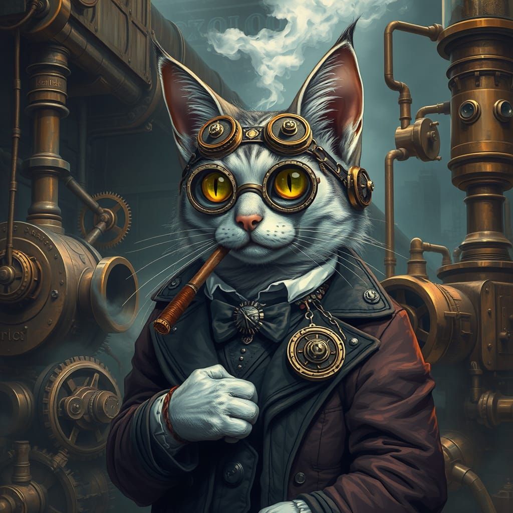 Steampunk Cat Smoking Cigar in Zarabura Art Style