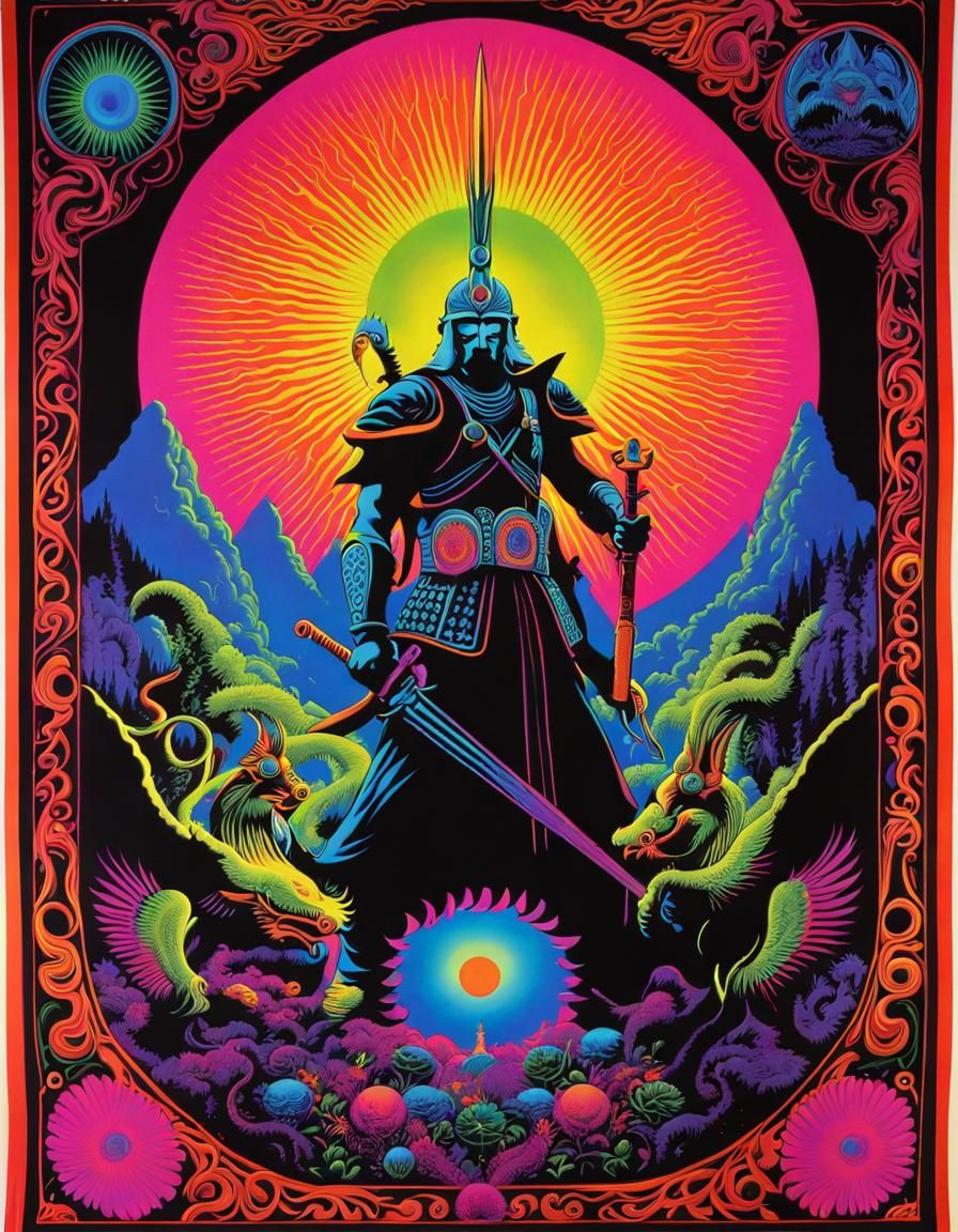 Vintage 70s Black Light Poster Art of Psychedelic Warrior