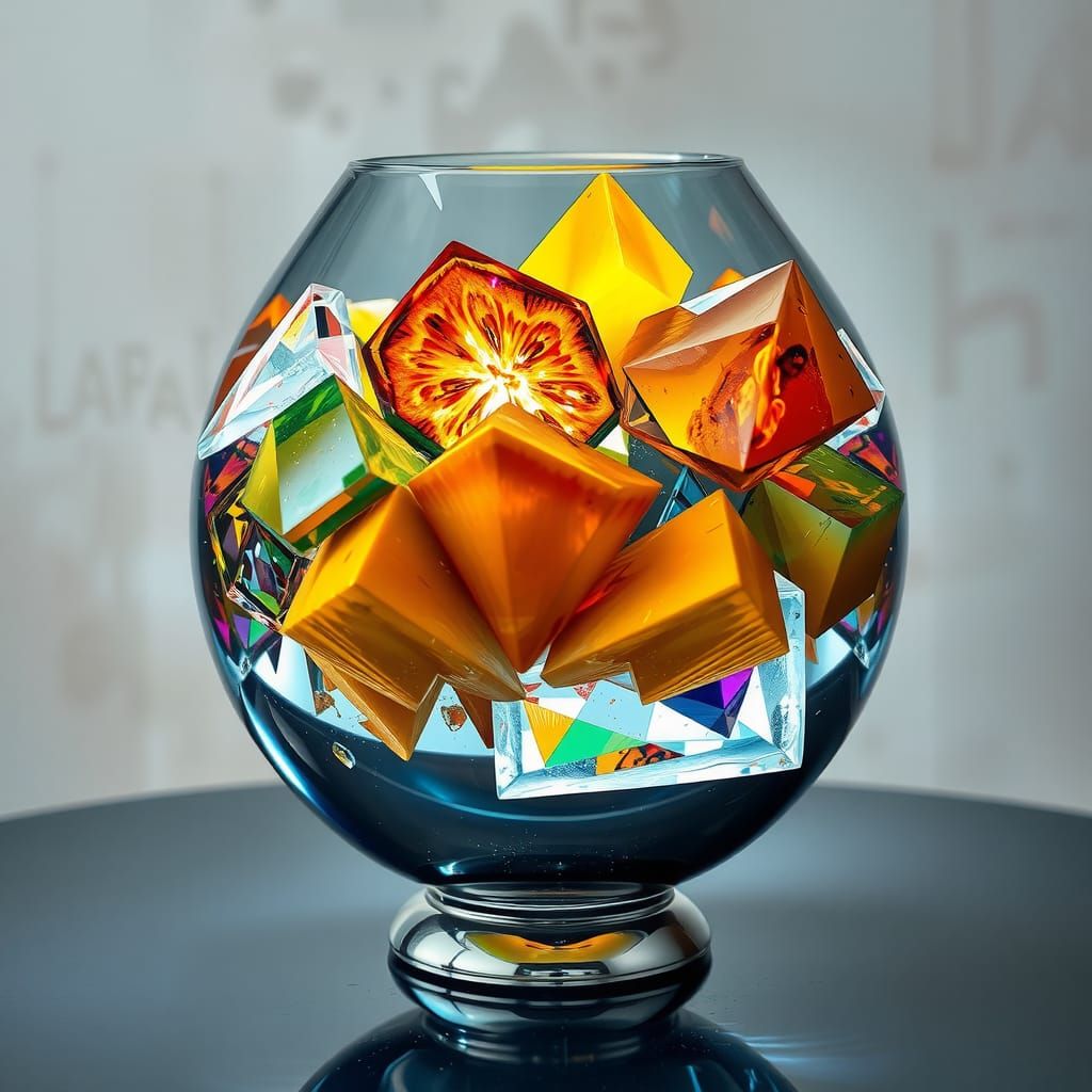 Cubist Still Life: Crystal Vase and Fragmented Fruit