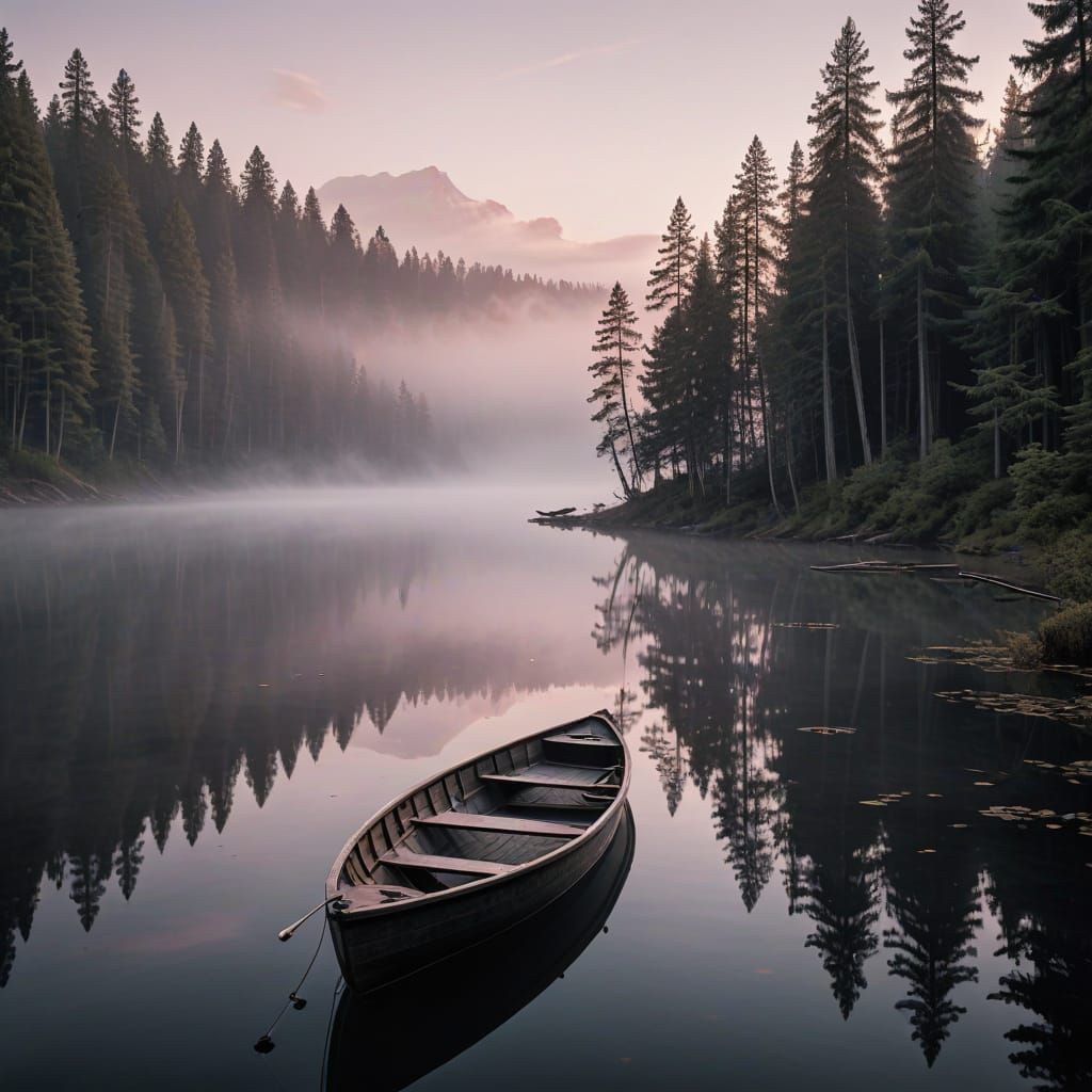 Wooden Rowboat Glides Serenely on Still Lake at Dawn