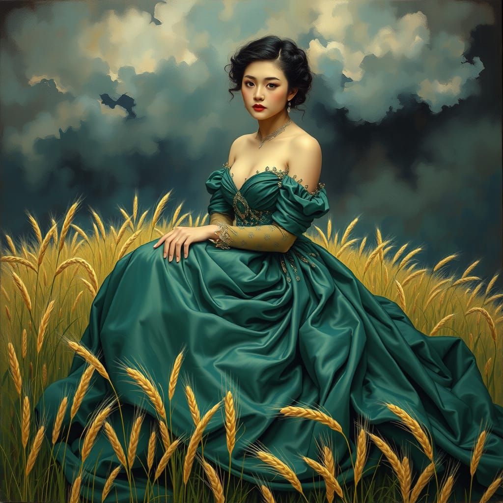 Korean Woman in Rococo Gown on Wheat Hill