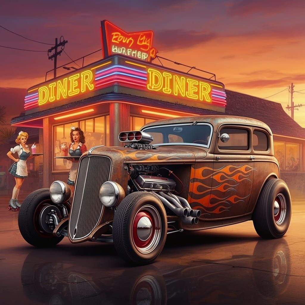 Vibrant 1950s Hot Rod Scene in Lowbrow Art Style