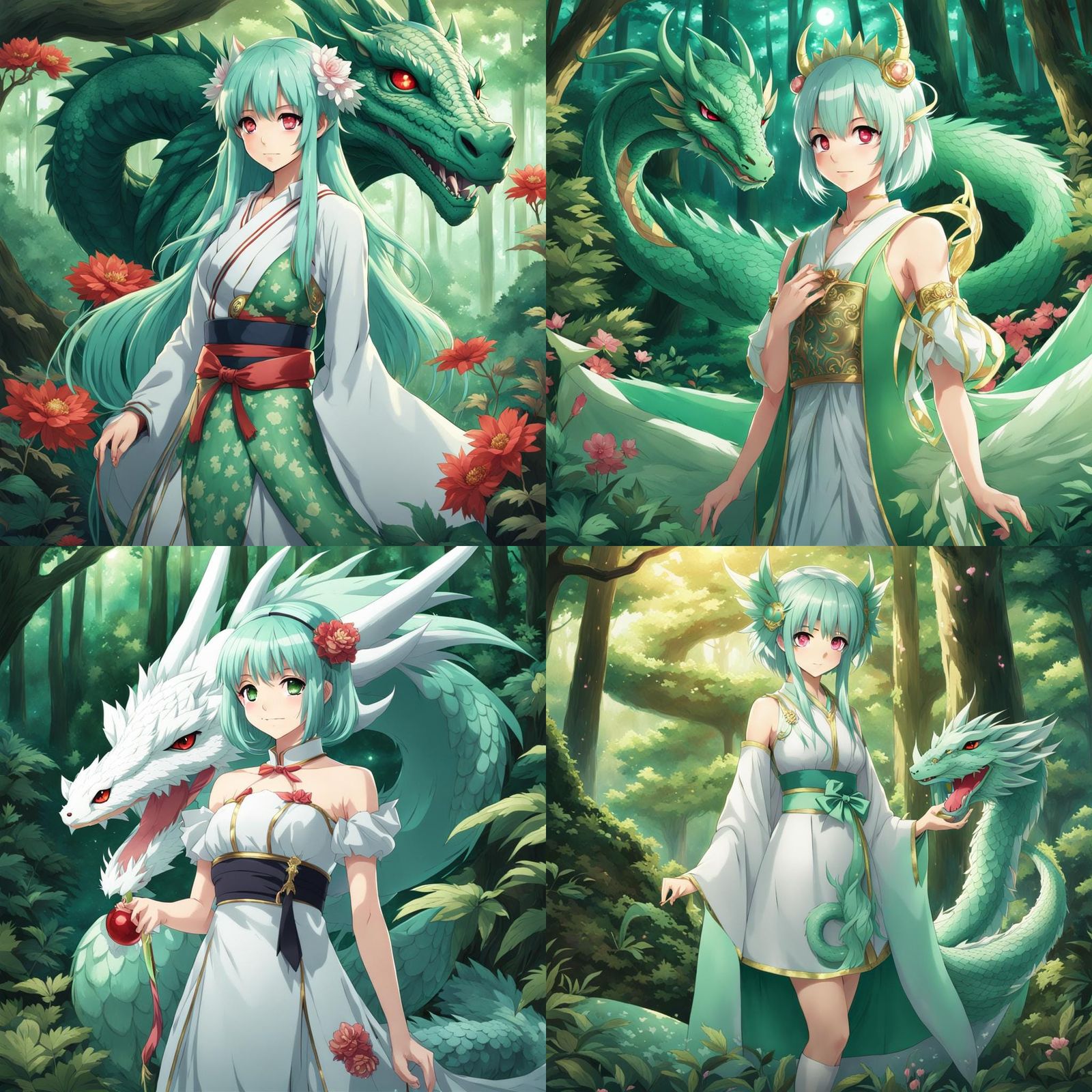 Anime Girl with Dragon in Forest Scene