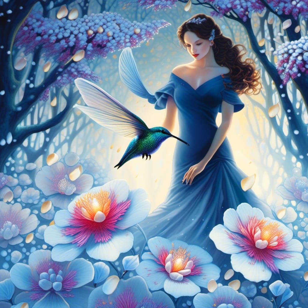 Hummingbird in Frozen Garden: Alcohol Ink Fantasy