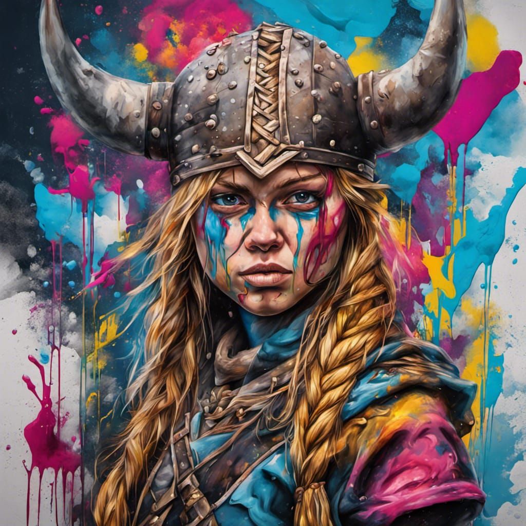 Viking Warrior Woman in Graffiti Art Style