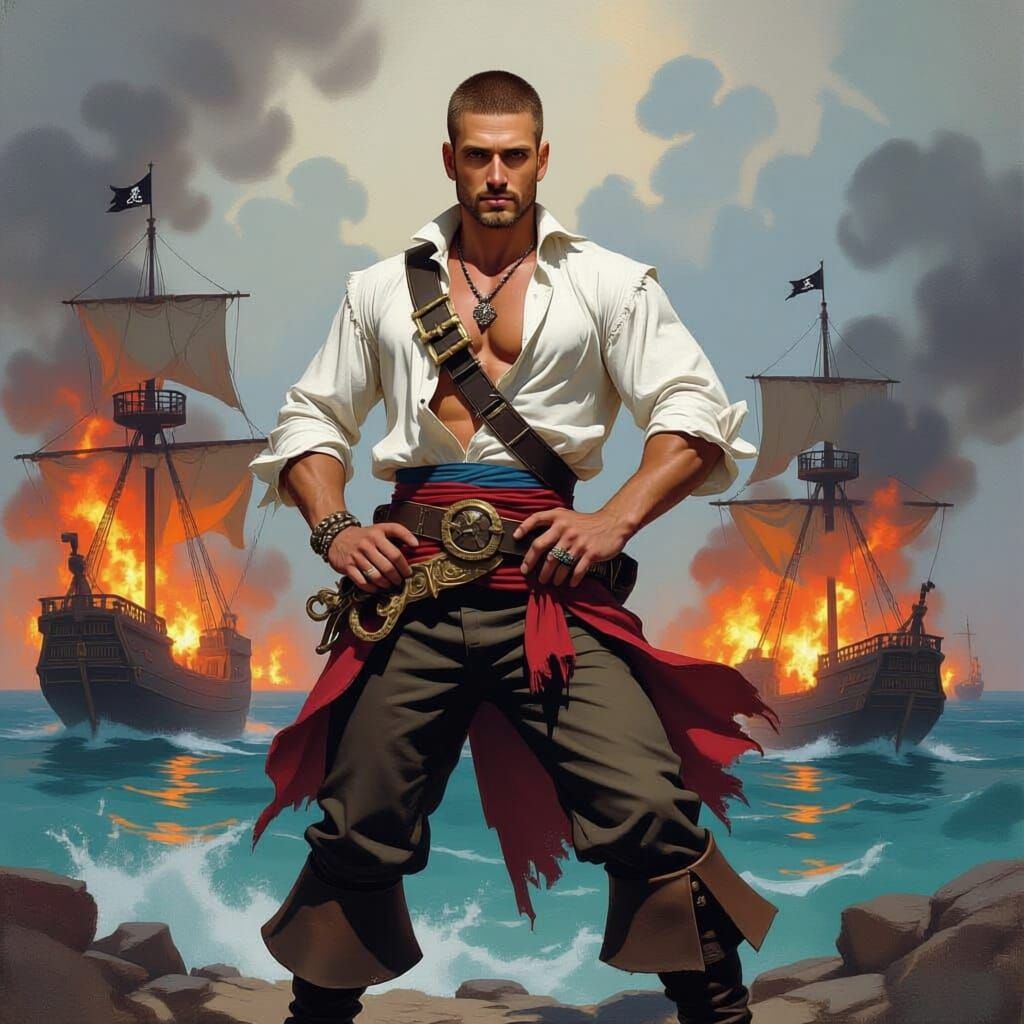 Romantic Pirate Hero Amidst Explosions