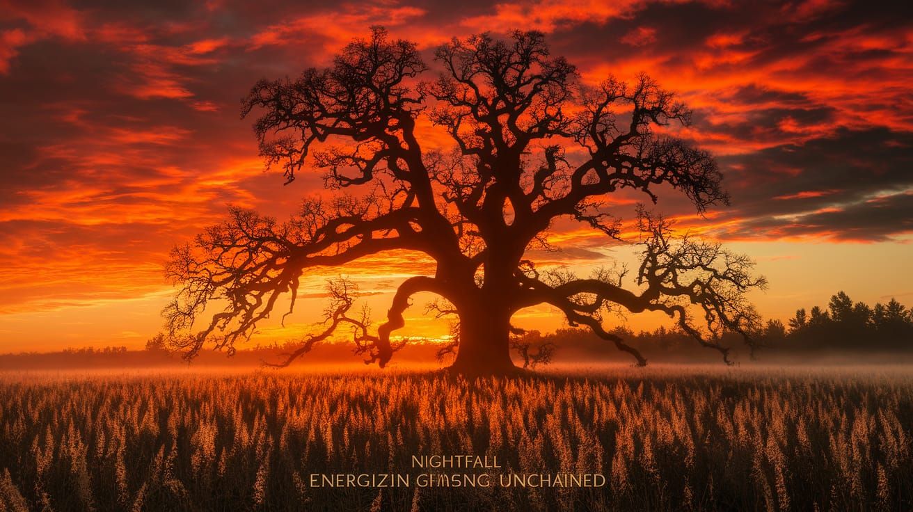 Ancient Oak Tree Bathed in Fiery Sunset Glow