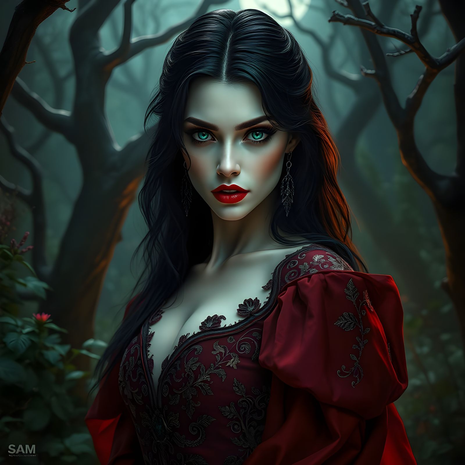Ethereal Vampire Goddess in Mystical Forest
