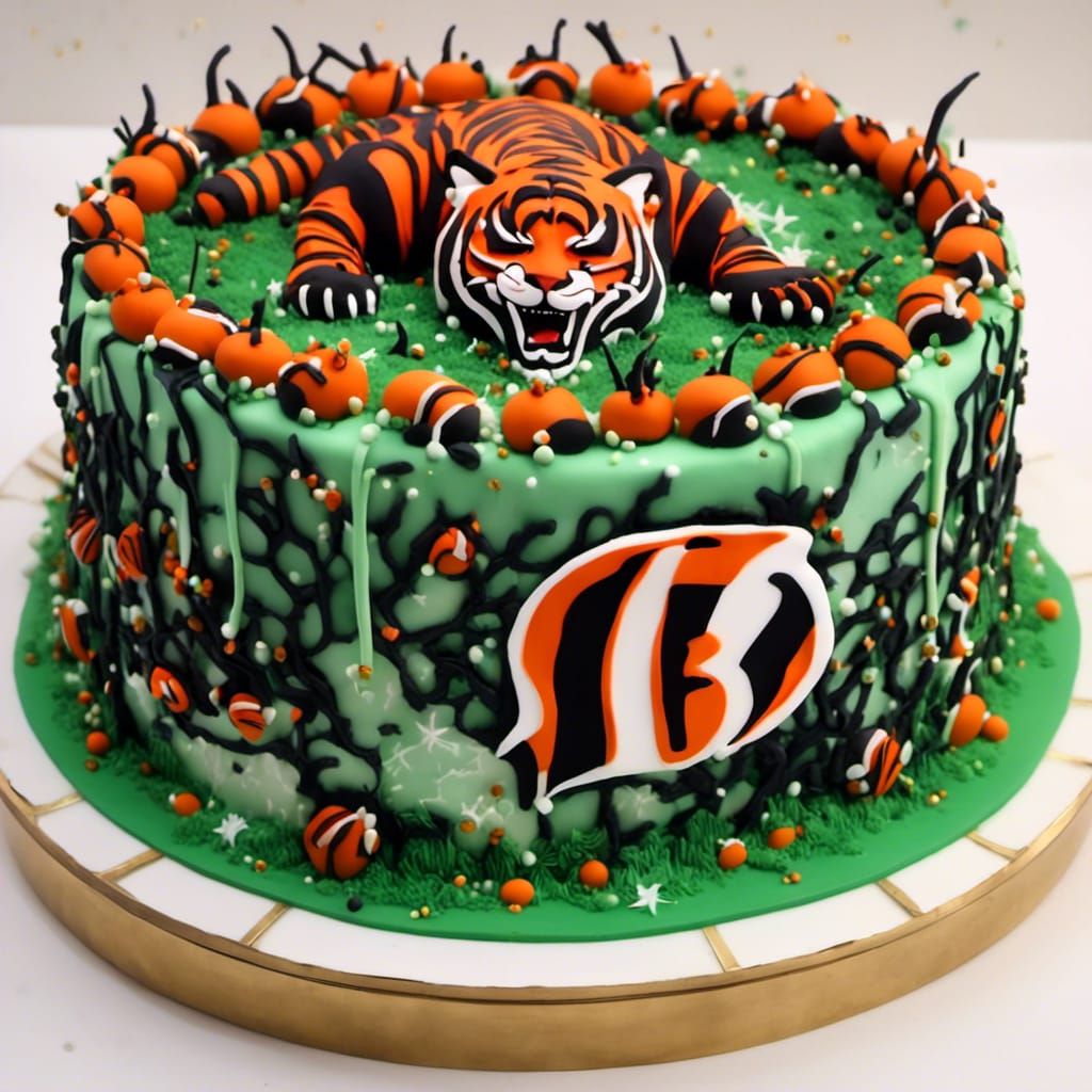 A photo of a cake on a table, "Cincinnati Bengals" <lora:Cakes-A-Lot:1.0> cake. hyperdetailed intricate