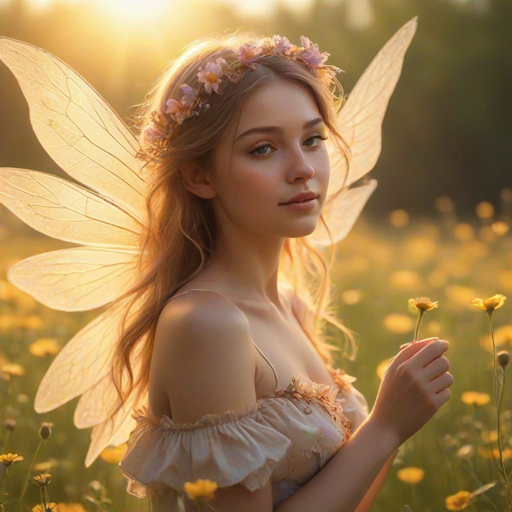 Mystic Fairy in Wildflower Field: Oil Painting