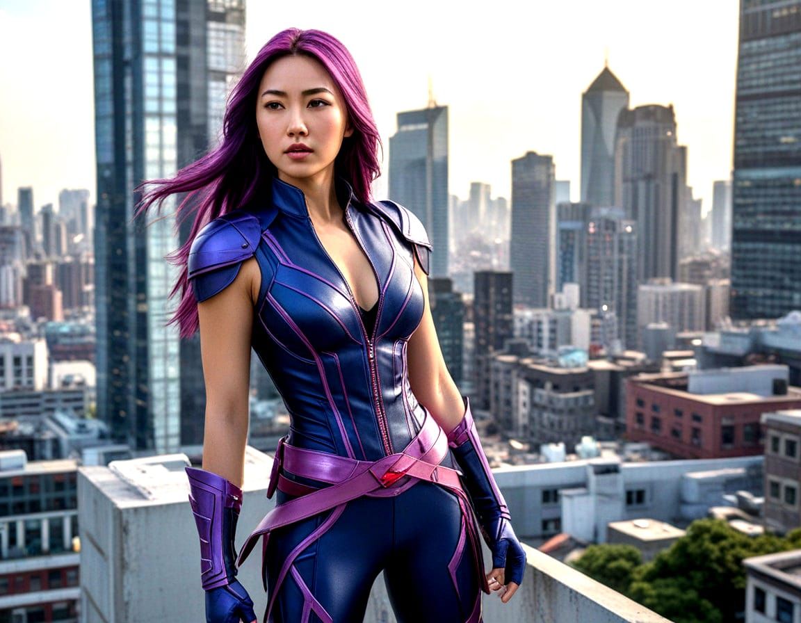 Psylocke in Cinematic Hyperdetail on Shanghai Rooftop