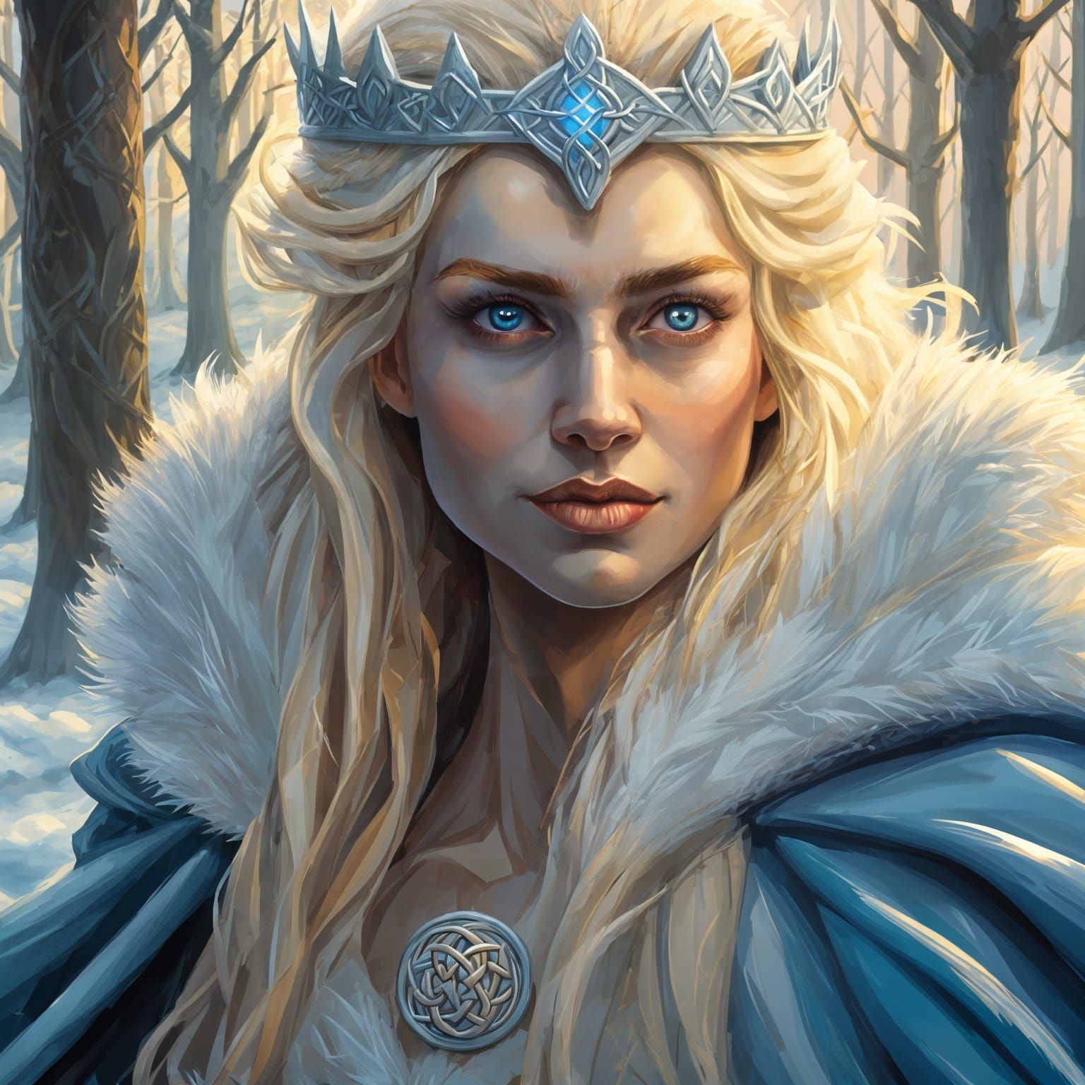 Celtic Snow Queen in Snowy Forest, Oil Painting