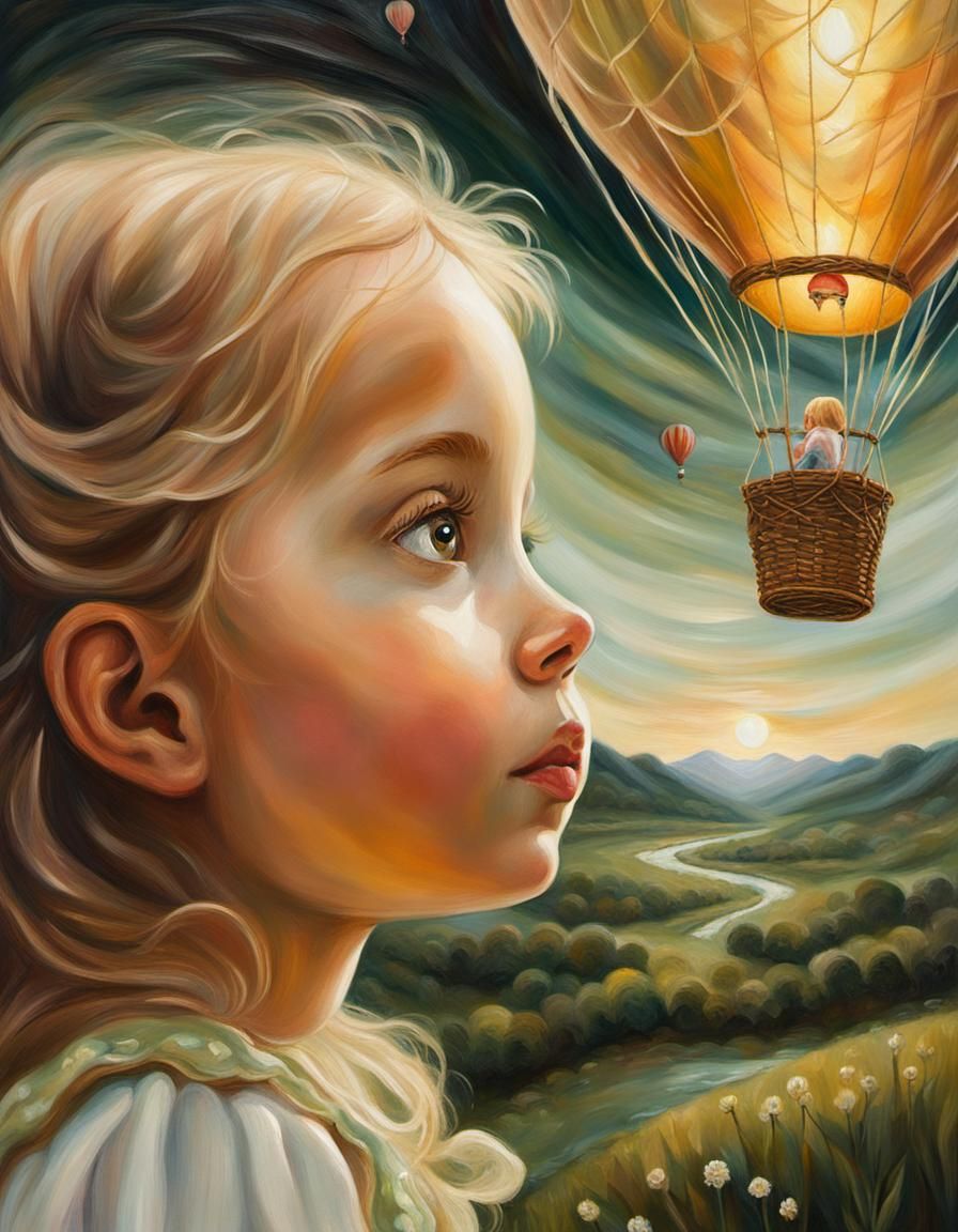 Child Gazing at Magical World in Surreal Oil Painting