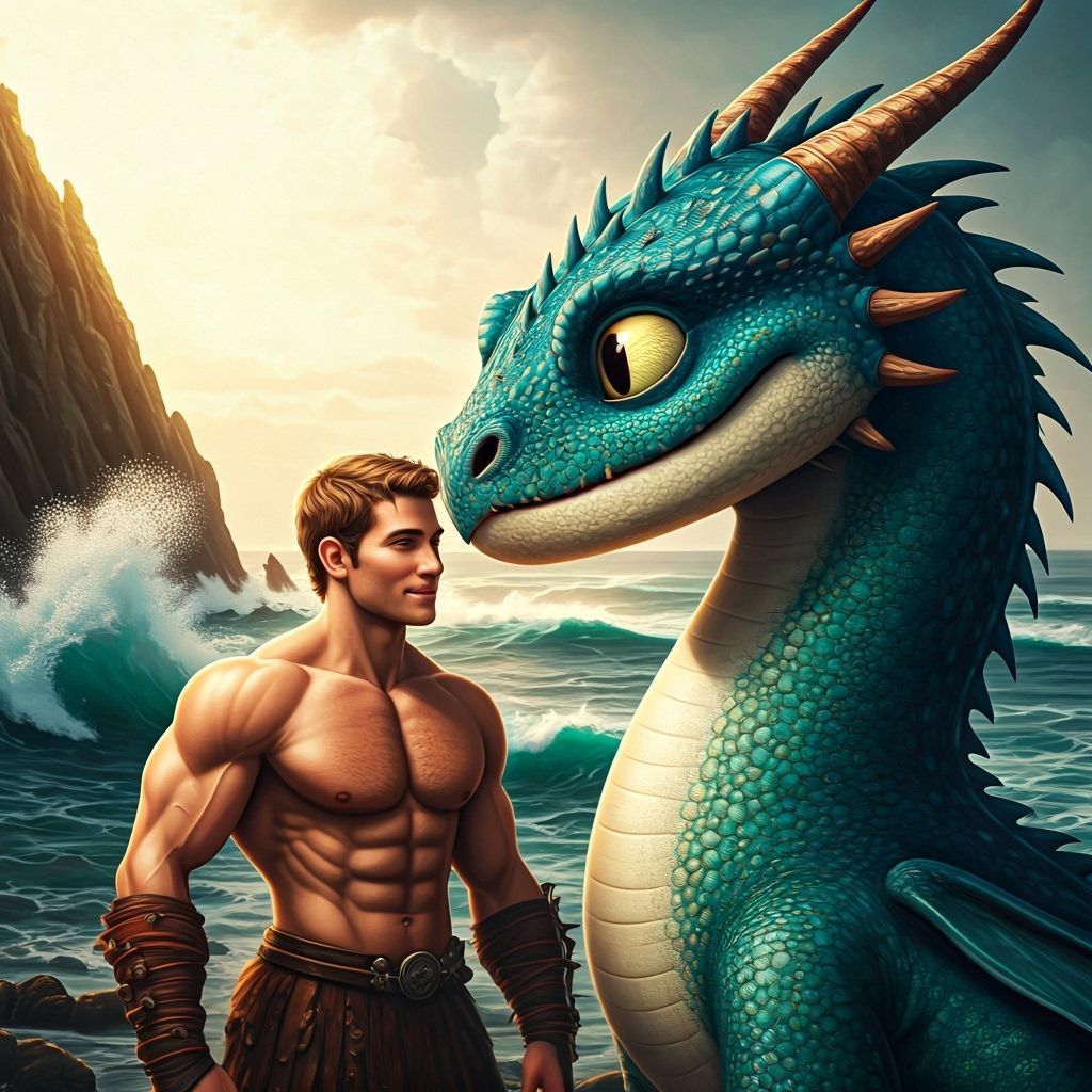 Man and Dragon Companionship on a Misty Coast