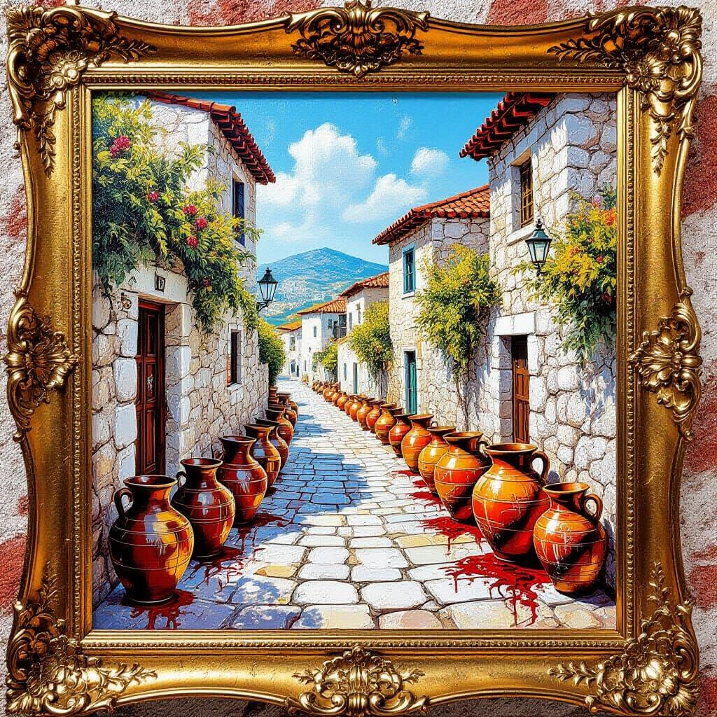 Hyperrealistic Ancient Amphorae with Wine on Cobblestones
