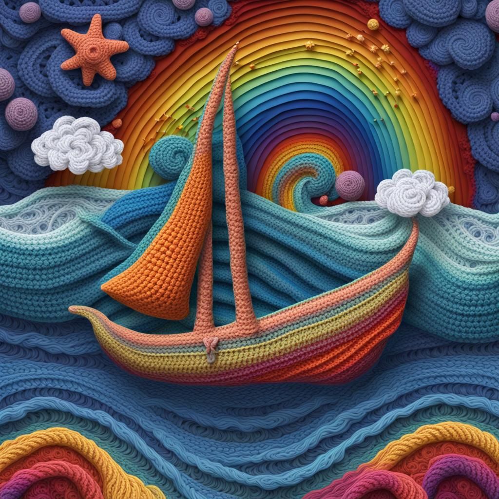 Crocheted Boat on Crochet Sea Under Starry Sky