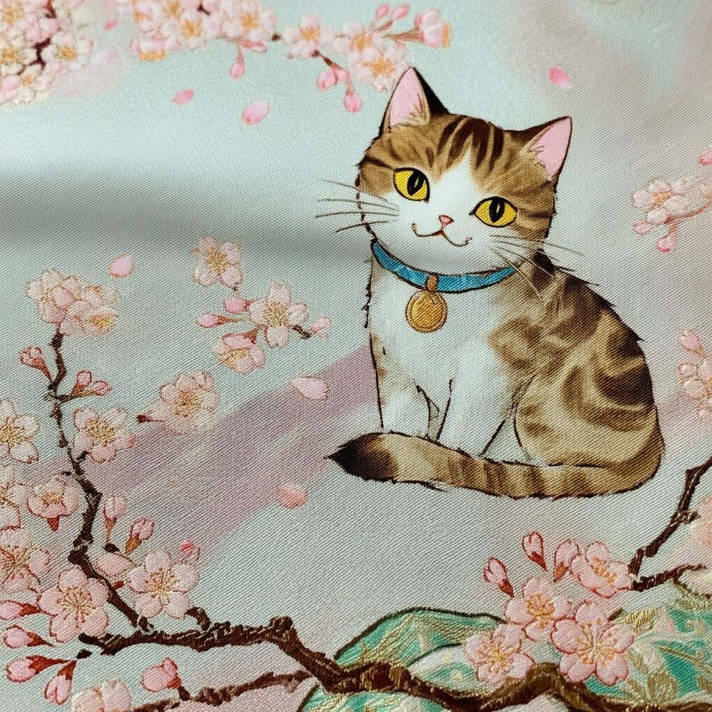 Nishijin Silk with Cats and Cherry Blossoms
