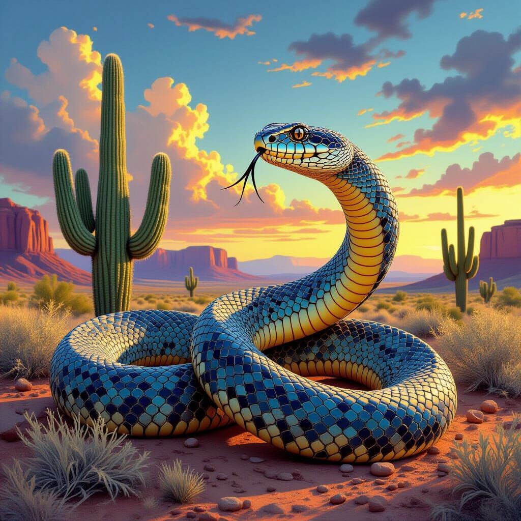 Detailed Rattlesnake and Cactus in Ethereal Western Sky
