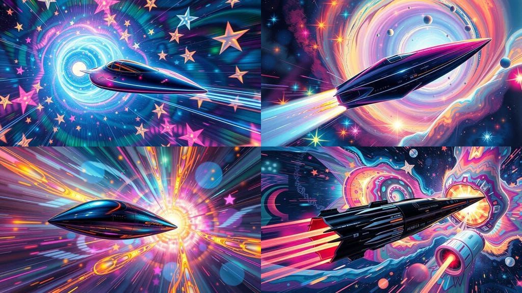 Sleek Spaceship Races Through Iridescent Plasma Vortex