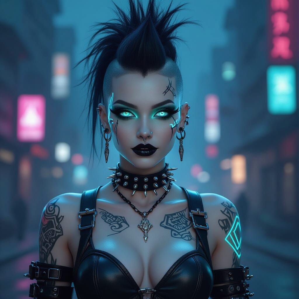 Cyberpunk Goth Avatar with Glowing Tattoos and Mohawk
