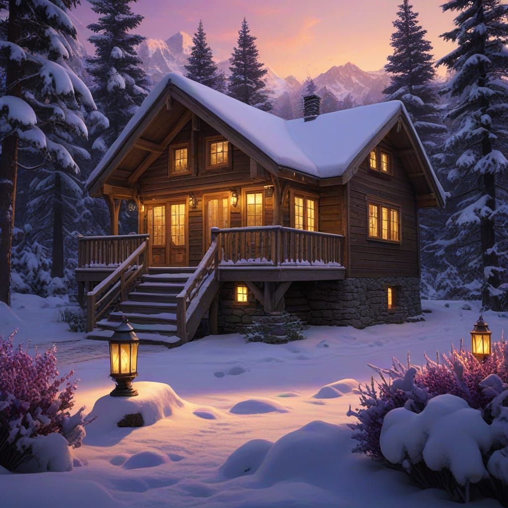 Cozy Winter Cabin Scene in Warm Golden Light