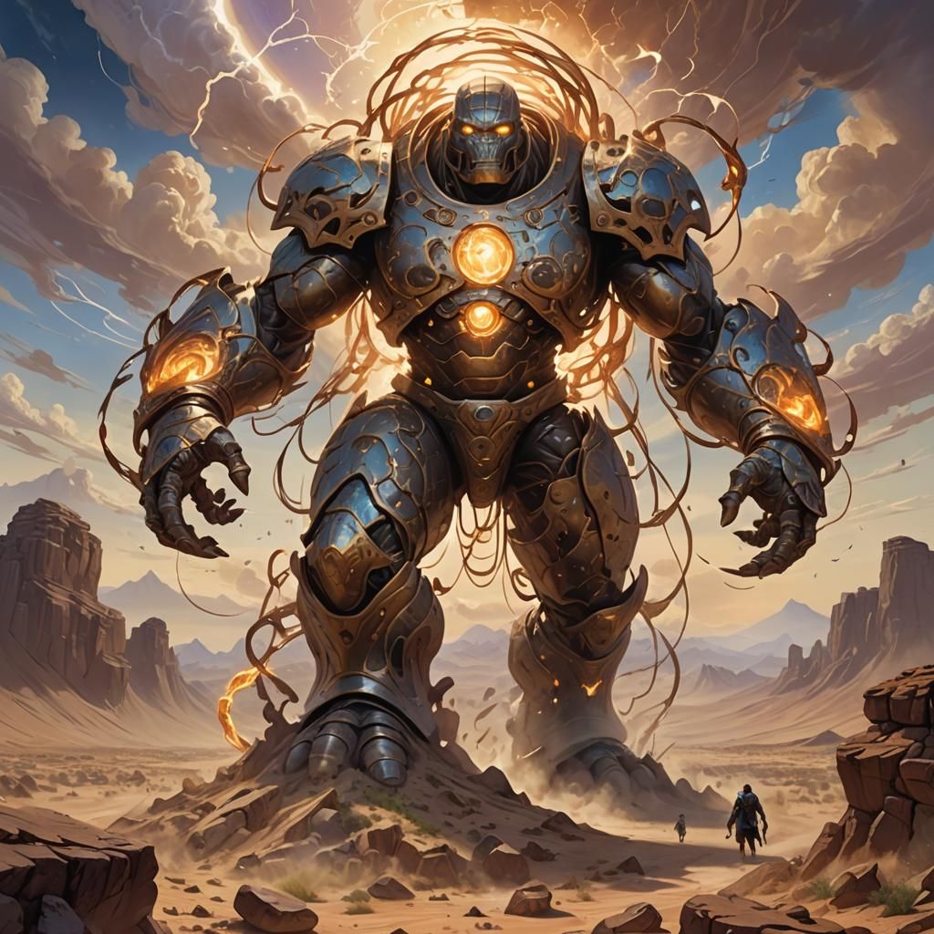 Colossal Strings Golem Over Desert Landscape