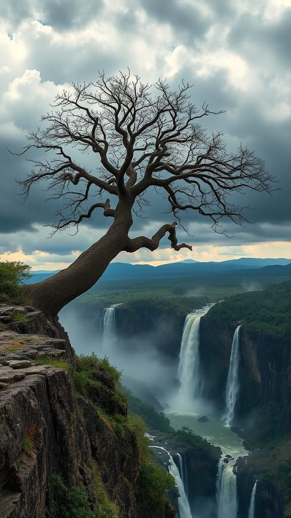 Baobab Tree Overlooking Waterfall in Romantic Style