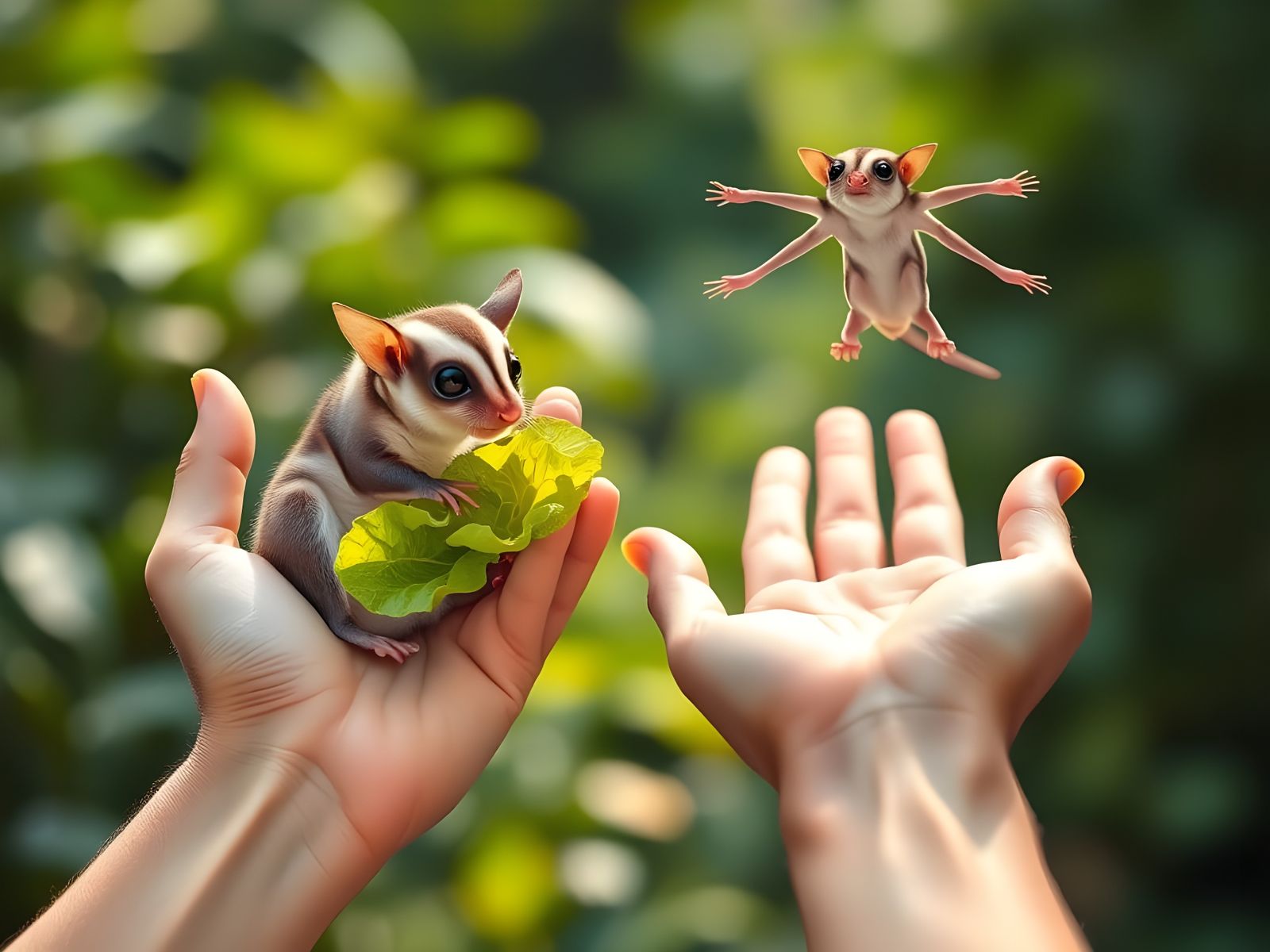 Sugar Gliders in Flight, Hands Palm Up